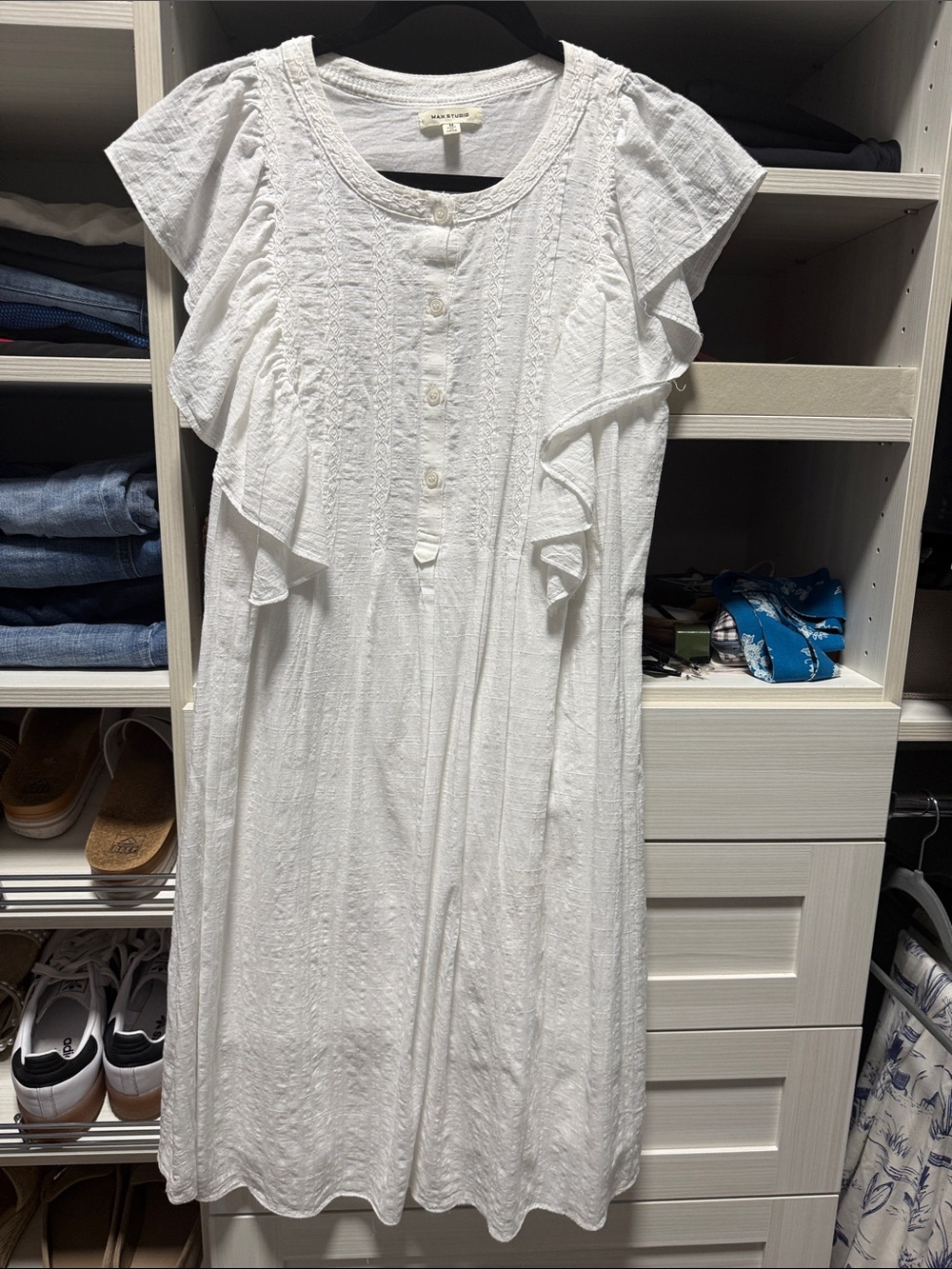 Max Studio White Ruffle-Sleeve Button-Front Midi Dress